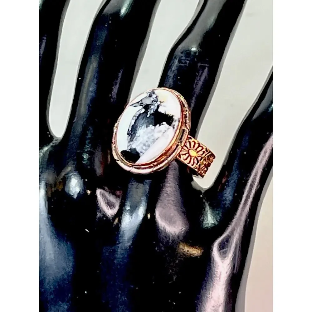 White Buffalo Turquoise Southwestern Copper Cigar Band Adjust Ring Hand Stamped